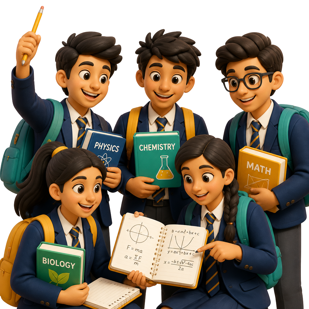 3D illustration of Class 12 Indian school students in uniform preparing for NEET
